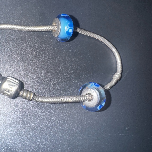 Pandora Snake Chain Bracelet with 2 Royal Blue Glass Beads - Picture 2 of 3